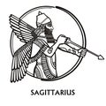 Zodiac sign Sagittarius. Vector art. Black and white zodiac drawing isolated on white.