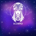 Zodiac sign Scorpio . Fantastic princess, animation portrait. White drawing, background - the night stellar sky. Royalty Free Stock Photo