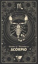 Zodiac sign Scorpio, vintage card with symbols and dates. Mystical black card with realistic hand drawing, astrology