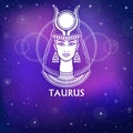 Zodiac sign Taurus. Fantastic princess, animation portrait. White drawing, background - the night stellar sky.