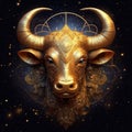 Zodiac sign of Taurus, fantasy bull with magic golden face and horns, generative AI