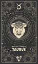 Zodiac sign Taurus, vintage astrological graphic card for calendar, mystical black background, horoscope. Modern