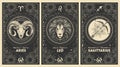 Zodiac signs Aries, Leo, Sagittarius, fire element, mystic astrology card set, horoscope banner with animals on black Royalty Free Stock Photo