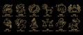 Zodiac signs, astrological horoscope signs. Contour golden drawings on a black background. Icons vector Royalty Free Stock Photo