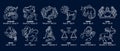 Zodiac signs, astrological horoscope signs. Contour white drawings on a blue background. Icons vector Royalty Free Stock Photo