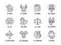 Zodiac signs. Astrology sign and constellation, aries cancer, libra. Esoteric horoscope symbols. Virgo, pisces and