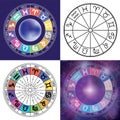 Zodiac signs background. Astrological round calendar collection, zodiacal purple violet trendy color vector horoscope. Cosmos, sp Royalty Free Stock Photo