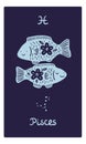 Zodiac signs card. Astrological symbol. Patterned silhouette animal. Pisces constellation. Doodle blue fish with flowers Royalty Free Stock Photo