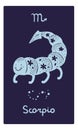 Zodiac signs card. Astrological symbol. Patterned silhouette animal. Scorpio constellation. Doodle scorpion with floral Royalty Free Stock Photo