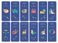 Zodiac signs cards. Horoscope symbols vertical banners, astrological icons, constellations by month, aquarius, pisces Royalty Free Stock Photo