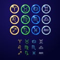 zodiac signs collection, round horoscope symbols icons shining on dark background Royalty Free Stock Photo