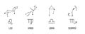 4 Zodiac signs with constellations. Leo, virgo, libra, scorpio. Vector.