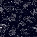 Zodiac signs, constellations and stars seamless pattern. Aries, Taurus, Gemini, Cancer, Leo, Virgo, Libra, Scorpio Royalty Free Stock Photo