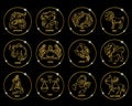 Zodiac signs in golden shiny circles, set. Golden design on a black background. Icons vector Royalty Free Stock Photo