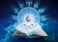 Zodiac signs inside of horoscope circle. Astrology in the sky with many stars and moons  astrology and horoscopes concept Royalty Free Stock Photo