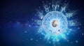 Zodiac signs inside of horoscope circle. Astrology in the sky with many stars and moons  astrology and horoscopes concept Royalty Free Stock Photo