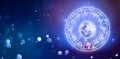 Zodiac signs inside of horoscope circle. Astrology in the sky with many stars and moons  astrology and horoscopes concept Royalty Free Stock Photo