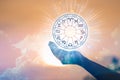 Zodiac signs inside of horoscope circle. Astrology in the sky with many stars and moons  astrology and horoscopes concept Royalty Free Stock Photo