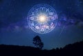 Zodiac signs inside of horoscope circle. Astrology in the sky with many stars and moons  astrology and horoscopes concept Royalty Free Stock Photo