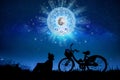 Zodiac signs inside of horoscope circle. Astrology in the sky with many stars and moons astrology and horoscopes concept