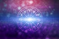 Zodiac signs inside of horoscope circle. Astrology in the sky with many stars and moons  astrology and horoscopes concept Royalty Free Stock Photo