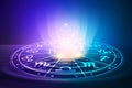 Zodiac signs inside of horoscope circle. Astrology in the sky with many stars and moons astrology and horoscopes concept