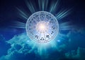 Zodiac signs inside of horoscope circle. Astrology in the sky with many stars and moons astrology and horoscopes concept