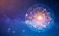 Zodiac signs inside of horoscope circle. Astrology in the sky with many stars and moons  astrology and horoscopes concept Royalty Free Stock Photo