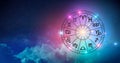 Zodiac signs inside of horoscope circle. Astrology in the sky with many stars and moons  astrology and horoscopes concept Royalty Free Stock Photo