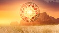 Zodiac signs inside of horoscope circle. Astrology in the sky with many stars and moons astrology and horoscopes concept