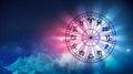 Zodiac signs inside of horoscope circle. Astrology in the sky with many stars and moons astrology and horoscopes concept