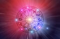 Zodiac signs inside of horoscope circle. Astrology in the sky with many stars and moons astrology and horoscopes concept Royalty Free Stock Photo