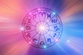 Zodiac signs inside of horoscope circle. Astrology in the sky with many stars and moons astrology and horoscopes concept Royalty Free Stock Photo