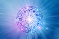 Zodiac signs inside of horoscope circle. Astrology in the sky with many stars and moons astrology and horoscopes concept