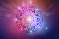 Zodiac signs inside of horoscope circle. Astrology in the sky with many stars and moons astrology and horoscopes concept Royalty Free Stock Photo