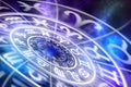 Zodiac signs inside of horoscope circle on universe background Royalty Free Stock Photo