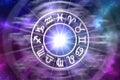 Zodiac signs inside of horoscope circle on universe background Royalty Free Stock Photo