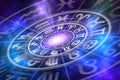 Zodiac signs inside of horoscope circle on universe background Royalty Free Stock Photo