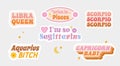 Zodiac signs. Libra, Pisces, Scorpio, Sagittarius, Aquarius, Capricorn. Funny stickers. Vector