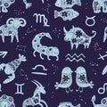Zodiac signs seamless pattern. Blue print with star constellations, astrological icons and horoscope floral symbols Royalty Free Stock Photo