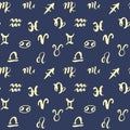 Zodiac signs seamless pattern. Hand drawn horoscope astrology symbols, grunge textured design, typography print, vector illustrati Royalty Free Stock Photo