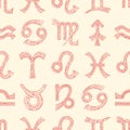 Zodiac signs seamless pattern. Horoscope magic symbols background. Hand drawn astrological texture for wallpaper, wrapping, Royalty Free Stock Photo