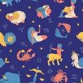 Zodiac signs seamless pattern. Night sky with astrological symbols and stars, funny horoscope elements, cute leo, virgo Royalty Free Stock Photo