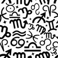 12 Zodiac signs seamless pattern. Vector set. Black white backgroun Royalty Free Stock Photo