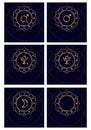 Zodiac signs set. Retrograde Mars, Pluto and the Moon. Gold drawing on a dark blue background. Square size.
