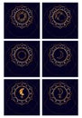 Zodiac signs set. Sun, moon and lilith. Gold drawing on a dark blue background. Square size.