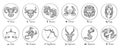 Zodiac signs. Sketch Cancer, Scorpio and Pisces. Hand drawn Taurus, Virgo and Capricorn. Aries, Leo and Sagittarius Royalty Free Stock Photo