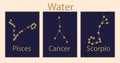 Zodiac signs. Star constellations. Pisces and Cancer. Scorpio symbol. Astrological horoscope starry shape. Astrology