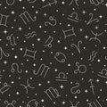 Zodiac signs and Stars Seamless Pattern. Vector Black Background of Horoscope Symbols Royalty Free Stock Photo