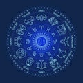 Zodiac symbol circle, minimal cartoon style, white line on dark background. Royalty Free Stock Photo